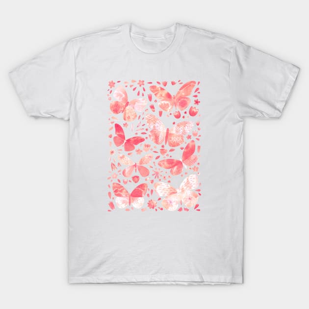 Coral Pink Watercolor Butterflies T-Shirt by NicSquirrell